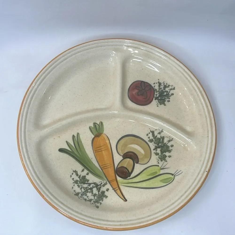 Los Angeles Potteries USA 3 Section Divided Plate Heavy Ceramic Orange Green Red